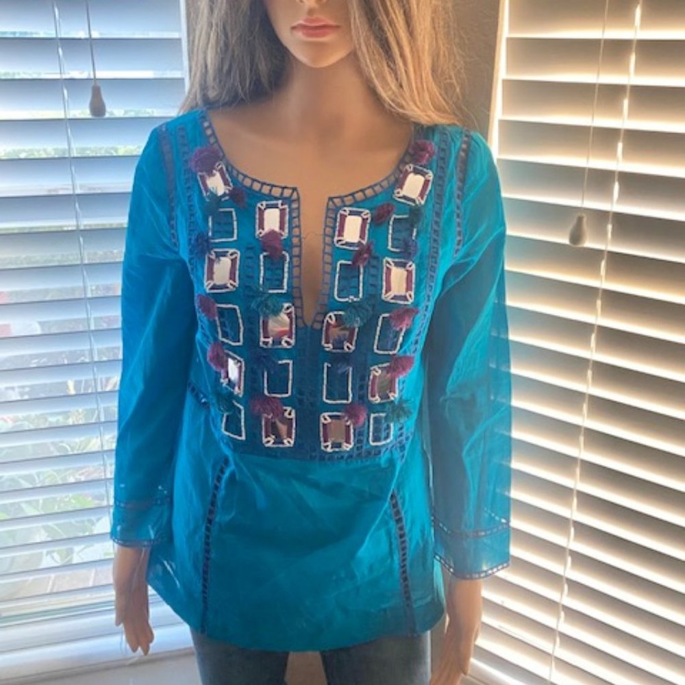 New! Tory Burch Aqua Blue Bright 🔥Trendy🔥 Blouse Crochet Tassle Tunic Sz 6